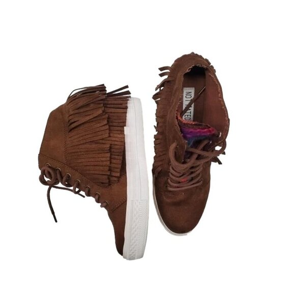 Not Rated Brown Micro Suede Fringe Hidden Wedge Lace Up Bootie Sneakers size 8 - Picture 3 of 3